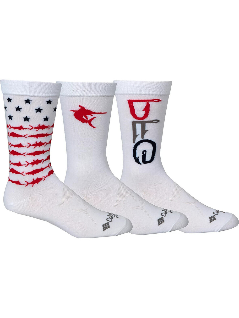 Mens Columbia 3-pack PFG Americana Crew Socks White Size 6-12 $18 MSRP Gym Ankle